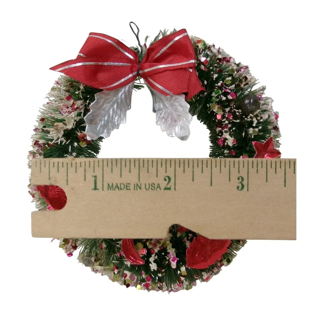 Vintage Miniature Bottle Brush Christmas Wreath Foil Leaves Red Bow Mica